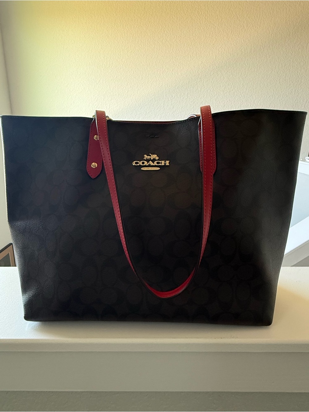 Coach Black Signature Tote with Red Handles